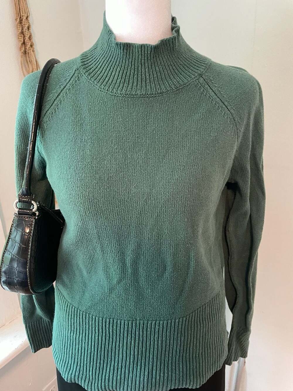 LOFT Forest Green Mock Neck Knit Sweater, Ribbed Hem, Women's Size S - Picture 2 of 6